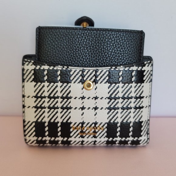 KATE SPADE Hudson SMALL Posh Plaid Embossed Pebbled Leather Bifold Wallet-Black⭐ - Picture 5 of 15